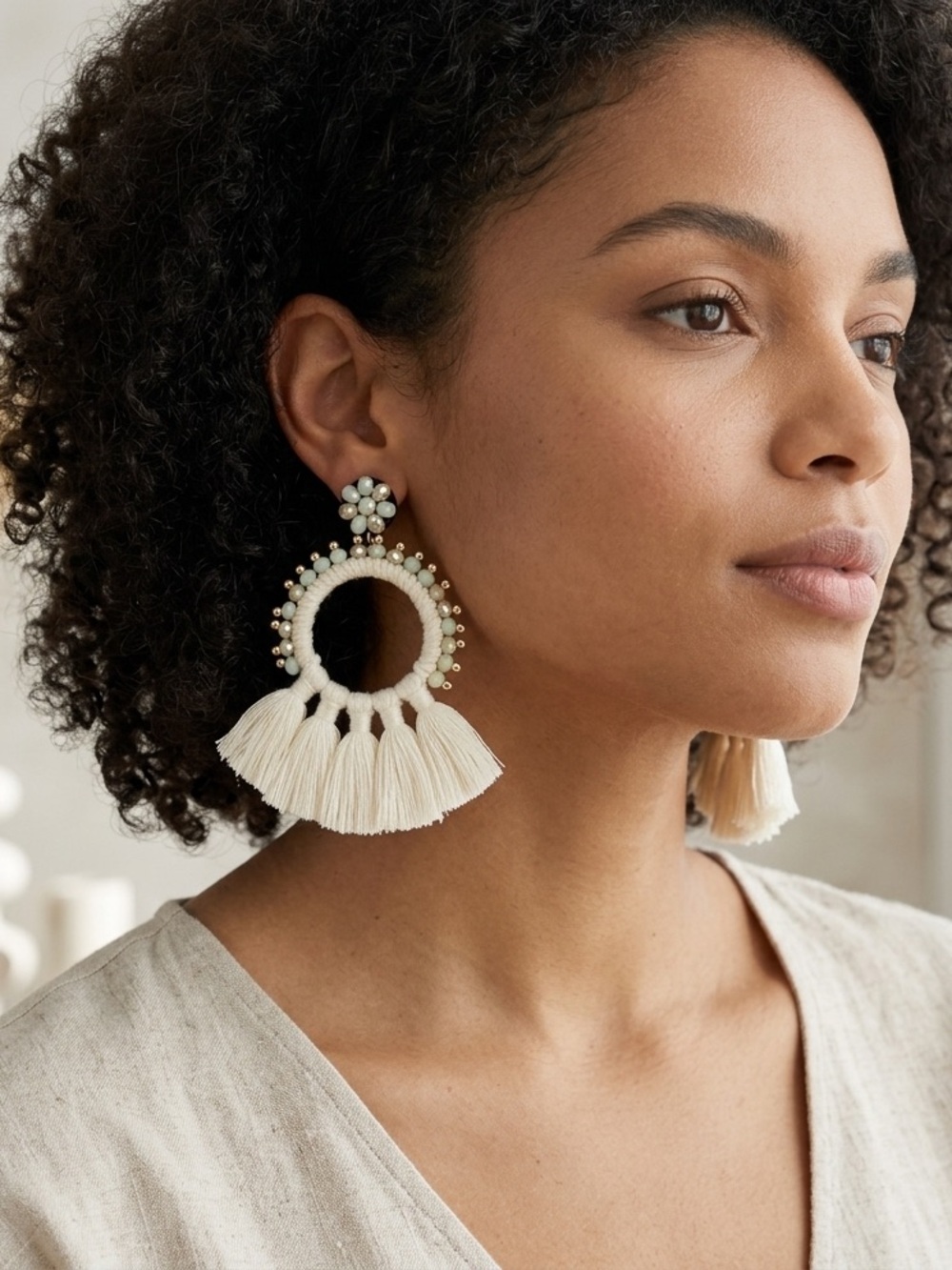 Elegant Cream Tassel Hoop Earrings - Brand: